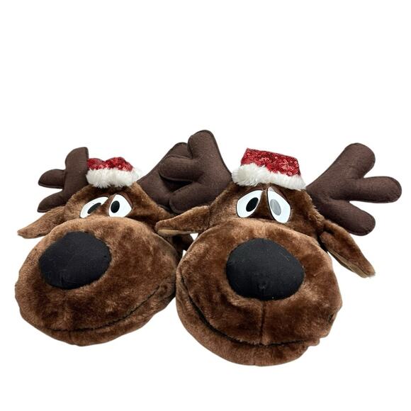 Dasher Reindeer Slippers Christmas Santa Hat Size Medium 7/8 - Picture 1 of 5